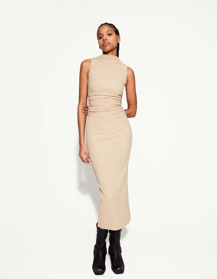 Rochie midi cambrată structură-Nisip-1