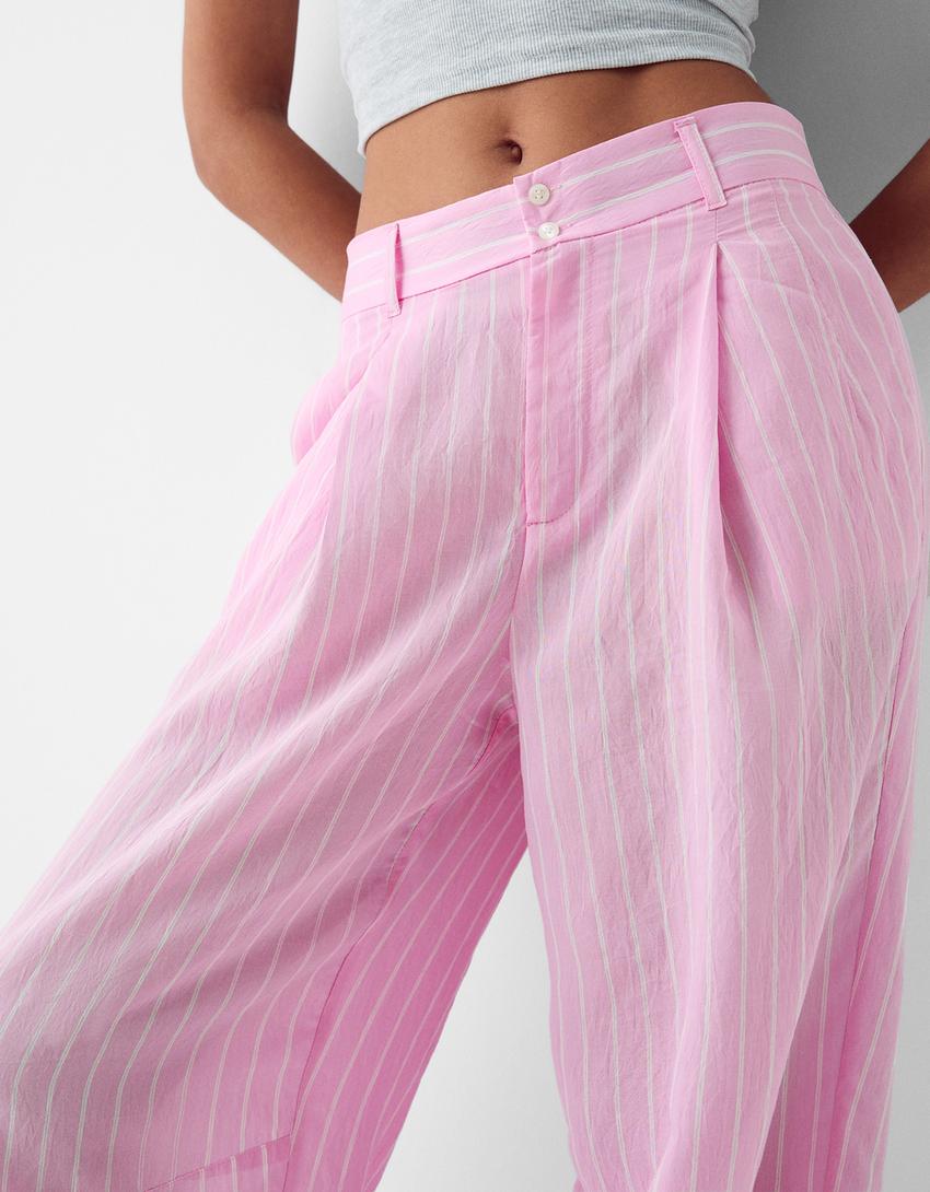 بنطال مخطط واسع الساقين-زهري-3