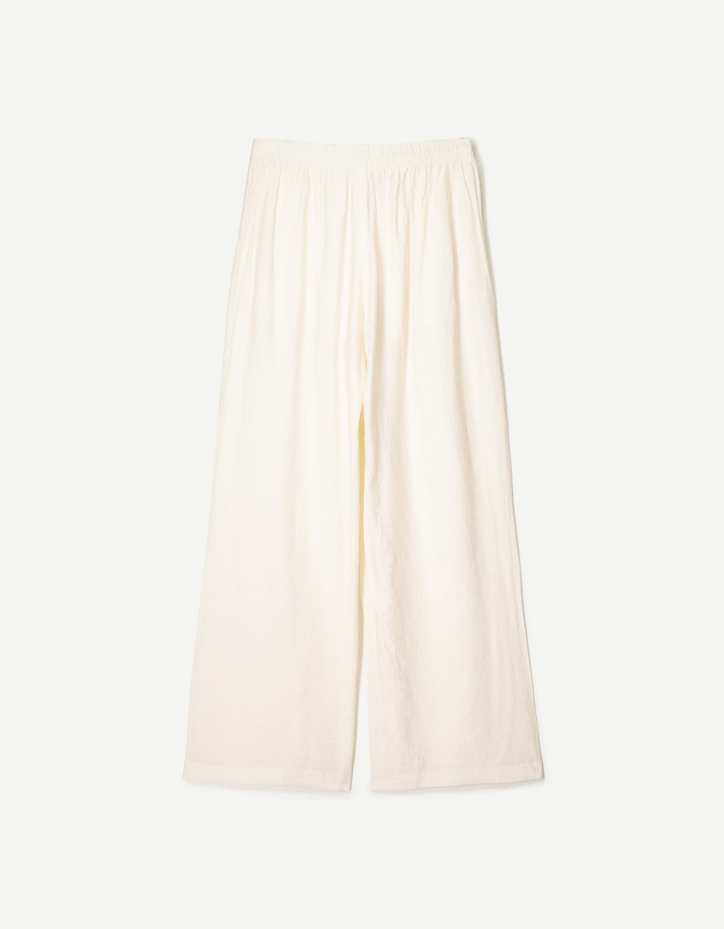 Flowing wide-leg textured trousers with drawstring — Cream