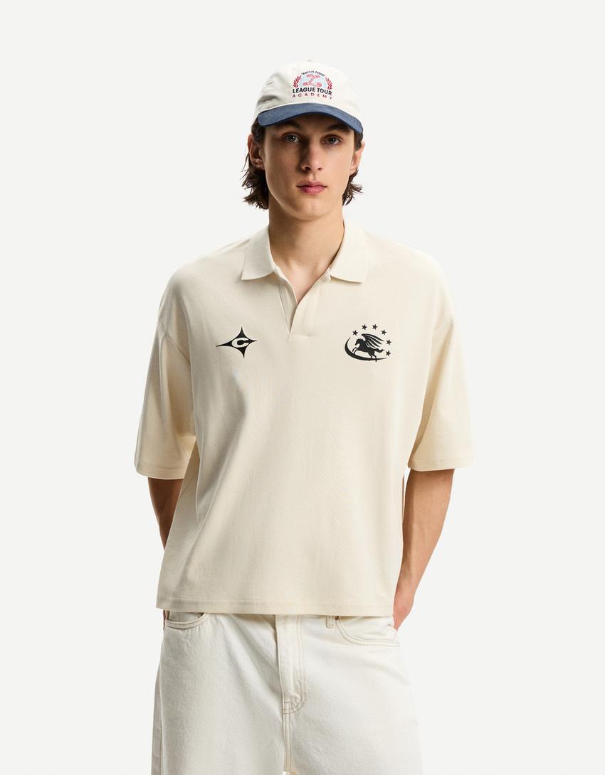 Printed oversize short sleeve polo shirt-Cream