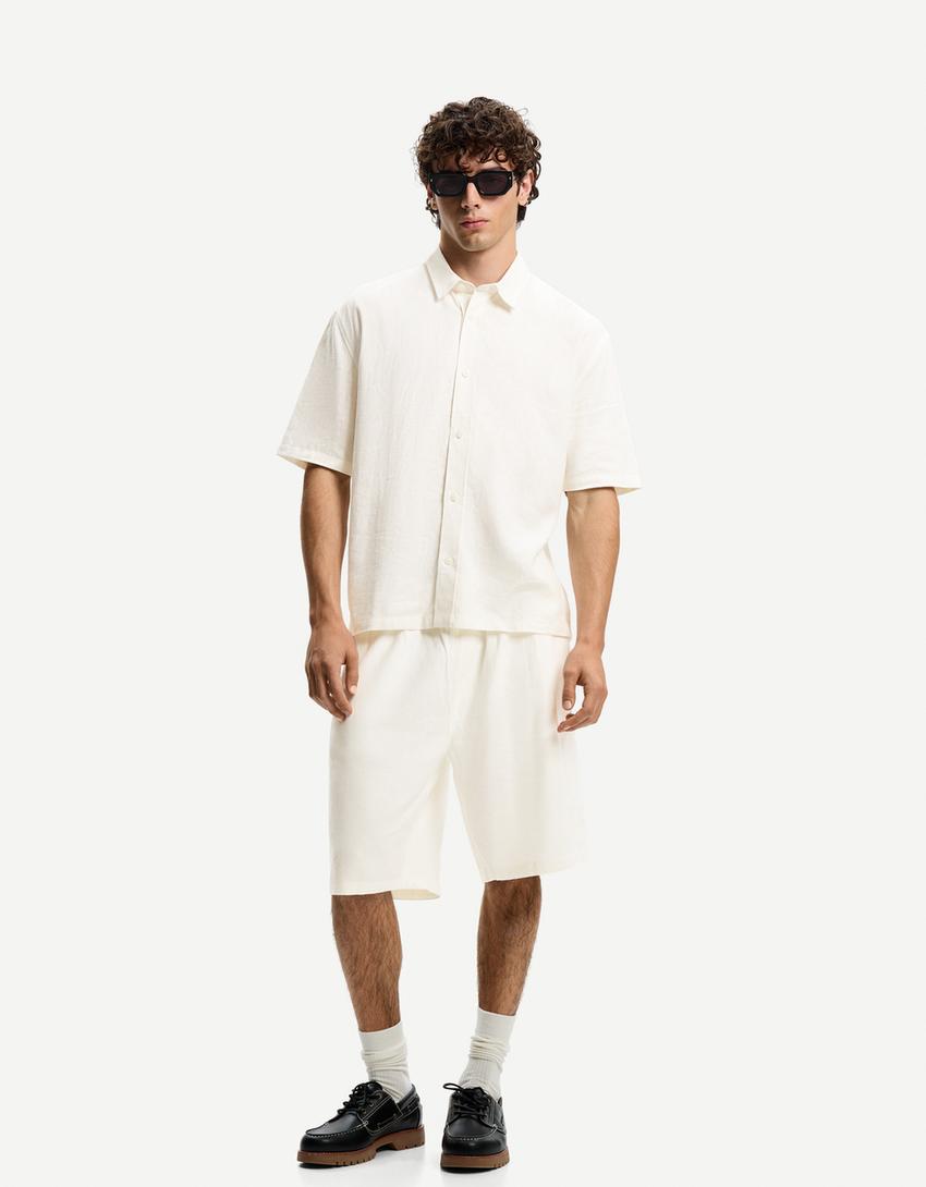 Camicia a maniche corte in misto lino-Bianco-3