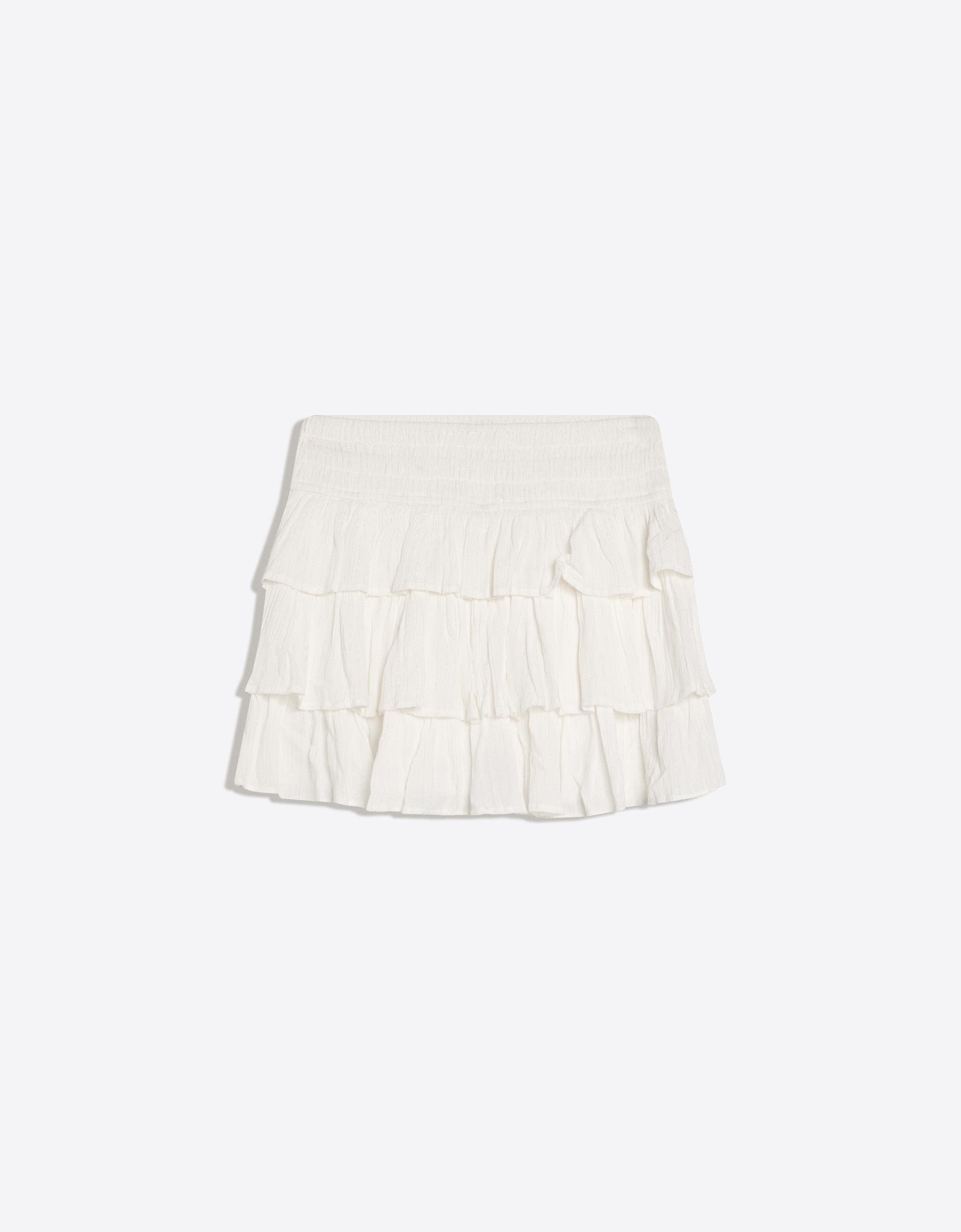 Metallic thread ruffled mini skirt — White