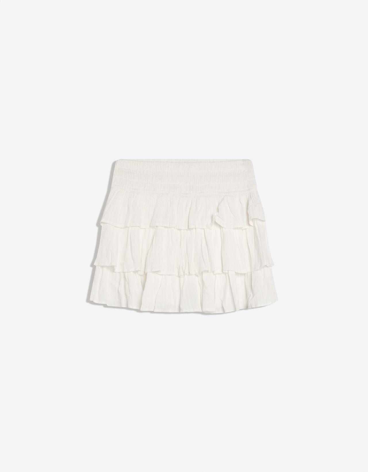 Metallic thread ruffle mini skirt — White