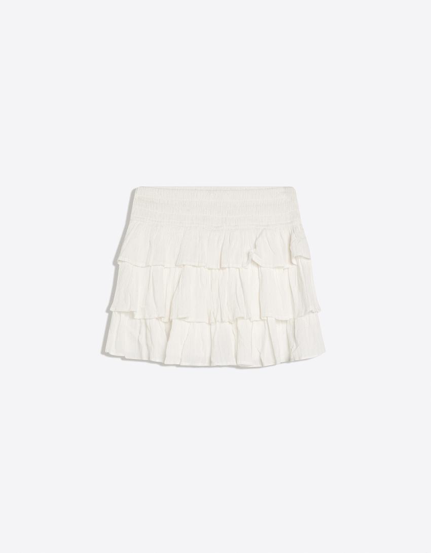 Metallic thread ruffled mini skirt-White