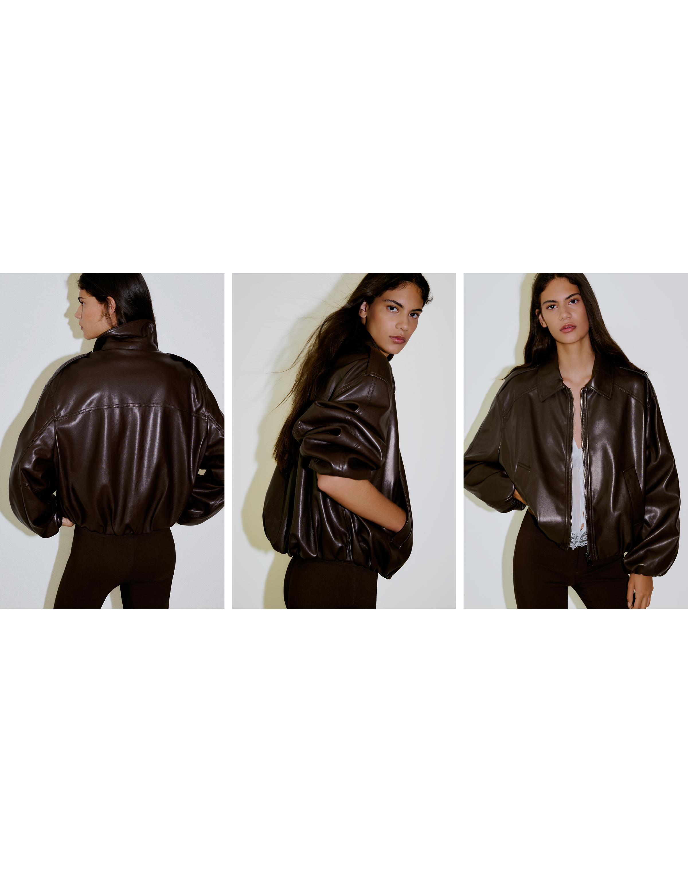 Leather effect puffer jacket — Brown
