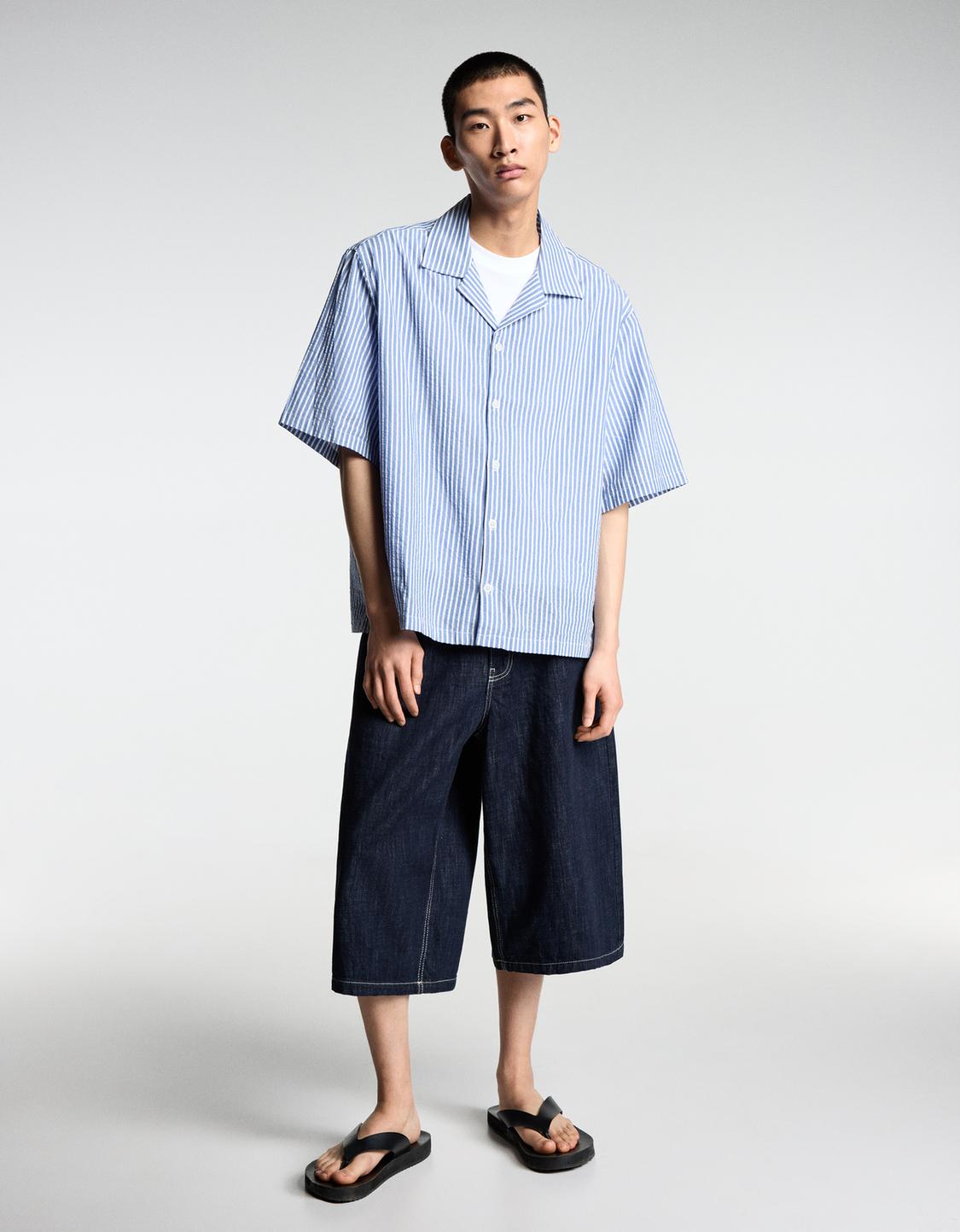 Striped textured short sleeve boxy fit shirt