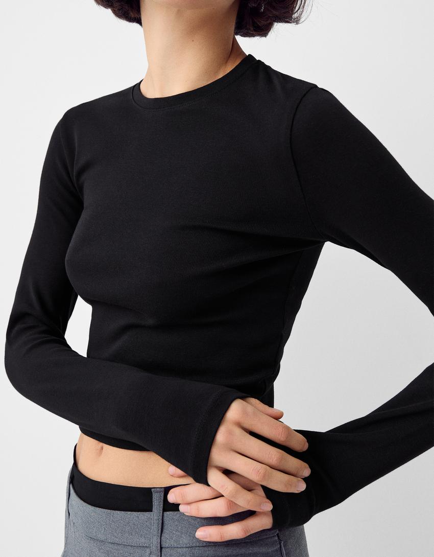 Long sleeve T-shirt with a round neck-Black-6