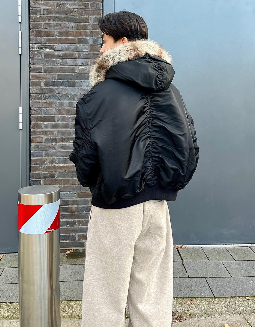 Geacă tehnică guler imitație de blană-Negru