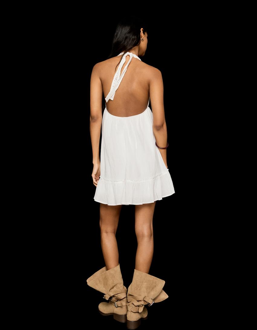 Crochet halter mini dress-White
