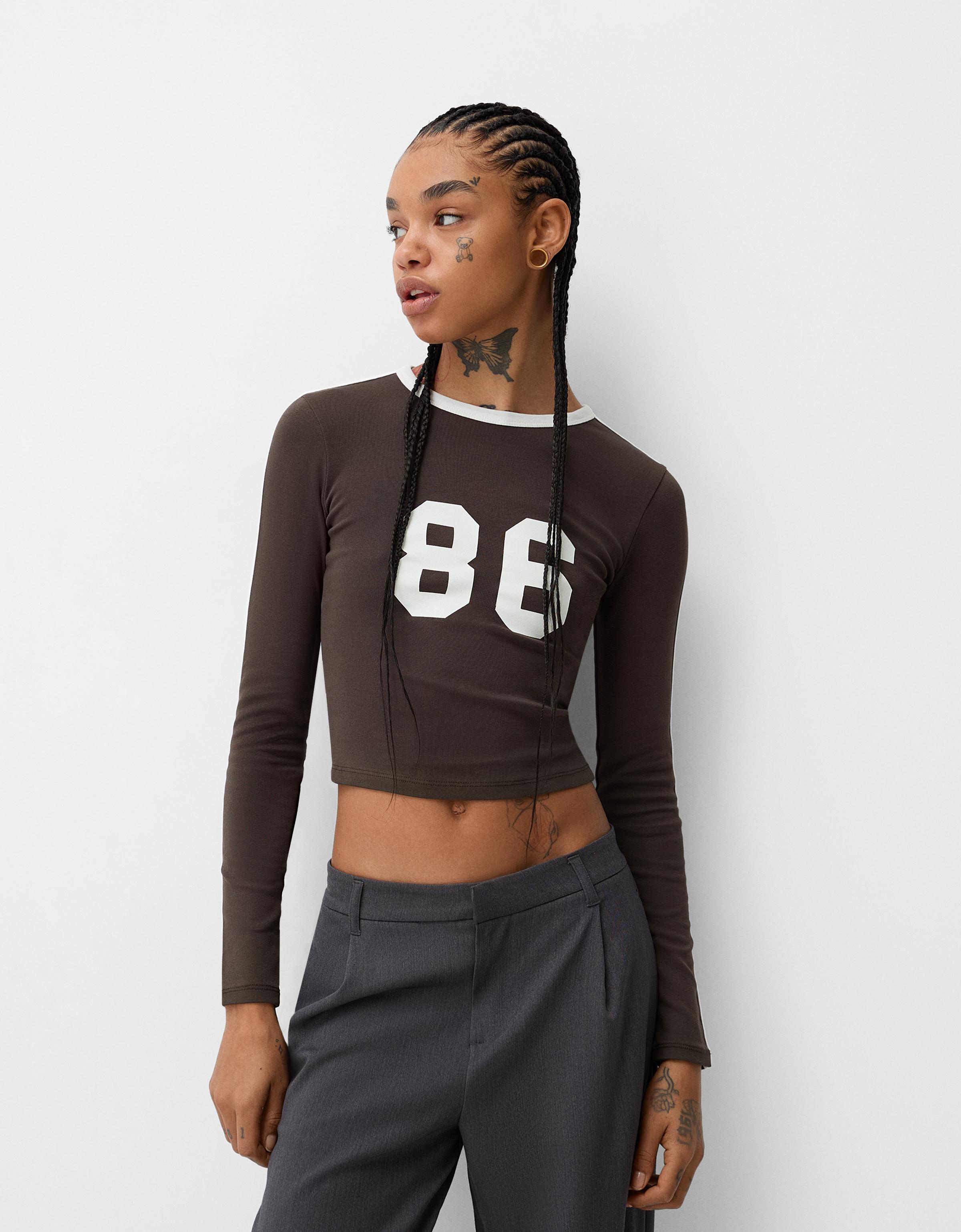 Bershka Langarmshirt Mit Langen Ärmeln Borte Und Print Damen S Braun