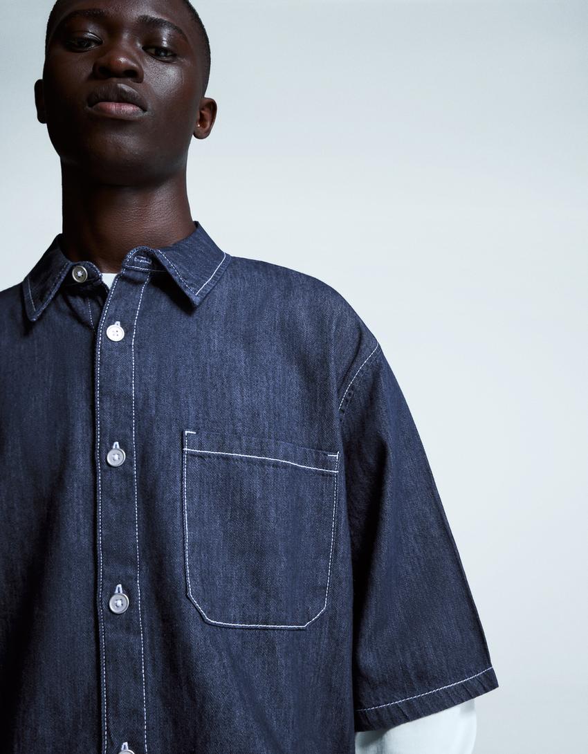 Camisa denim manga corta-Marino