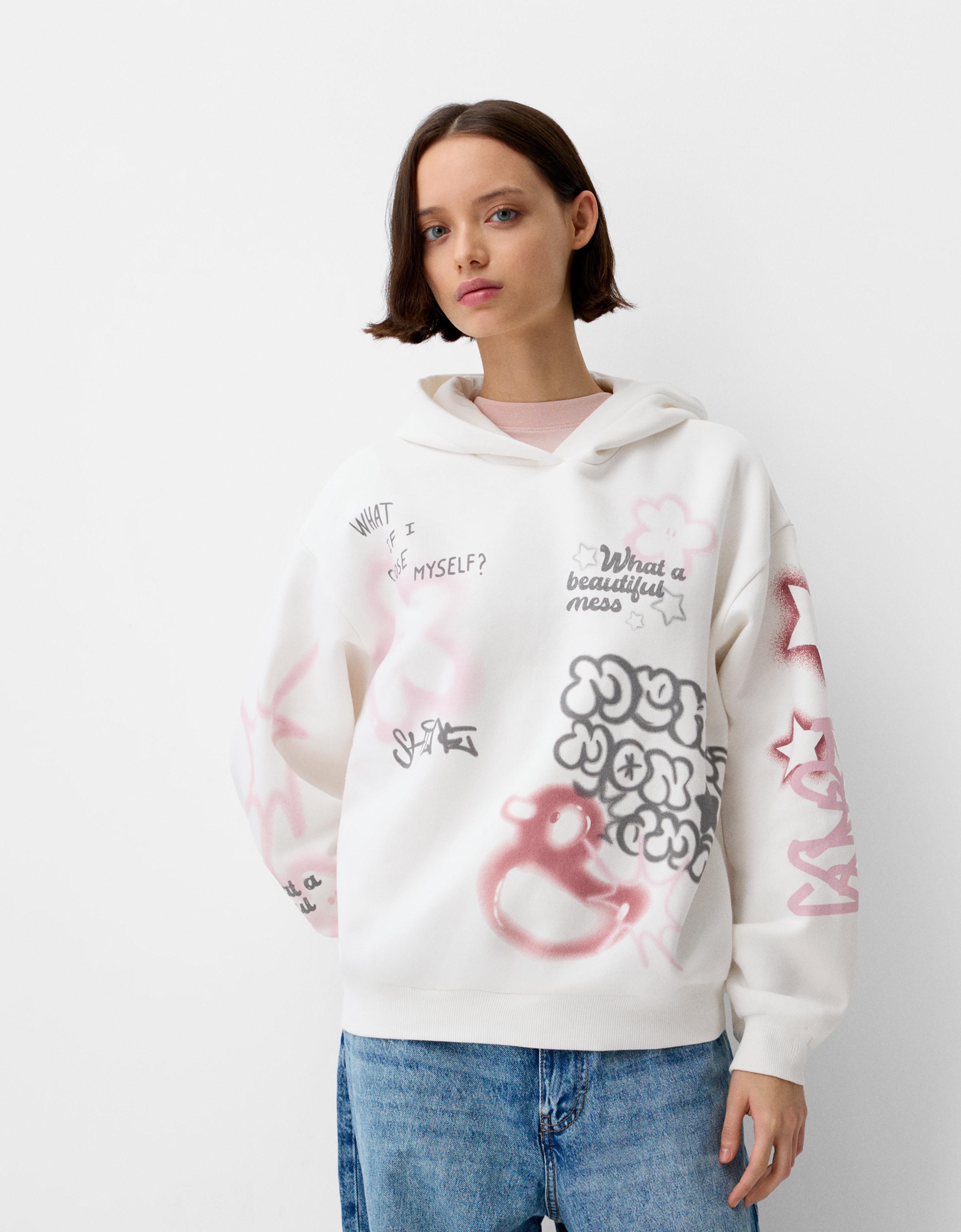 Bershka Hoodie Mit Print Damen M Weiss