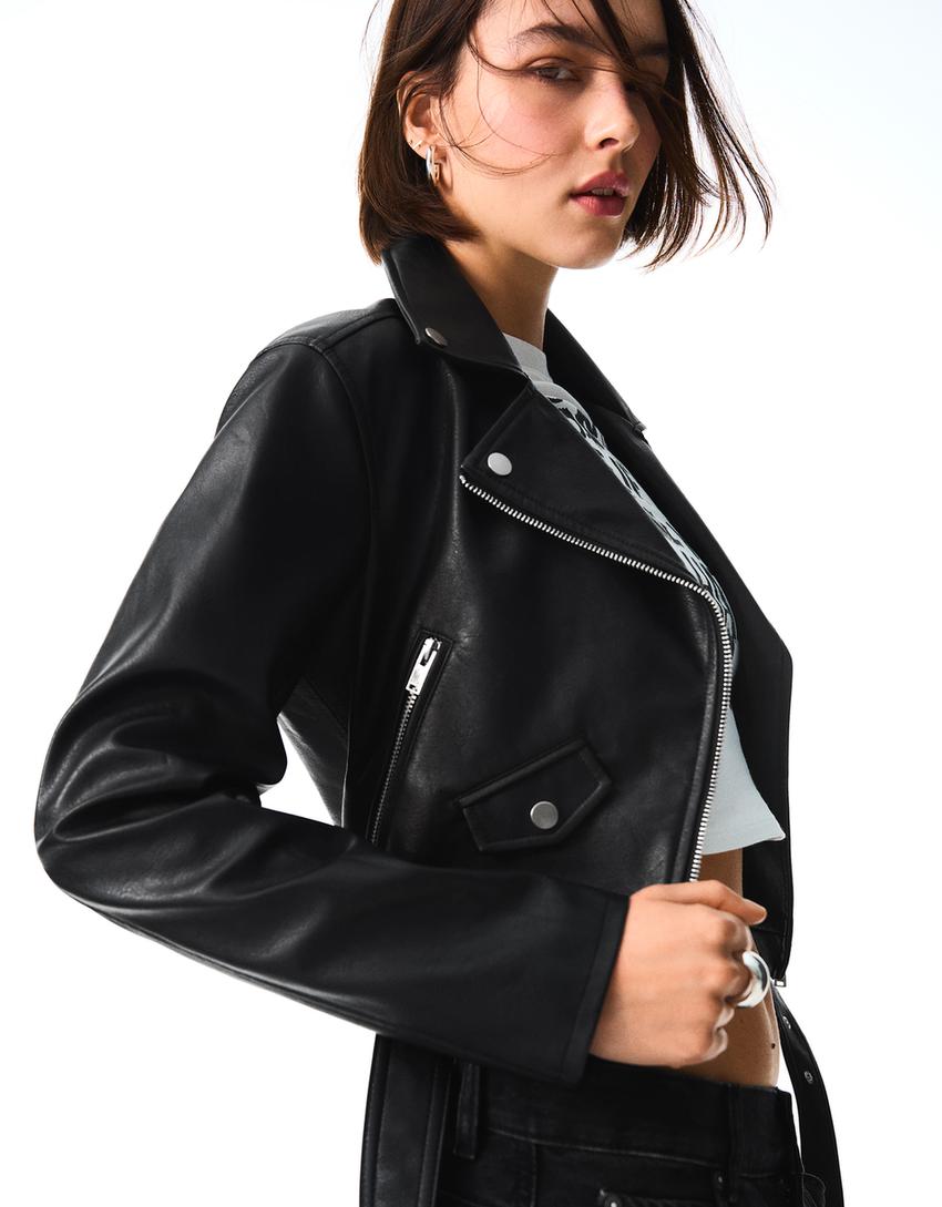 Cazadora biker efecto piel-Negro