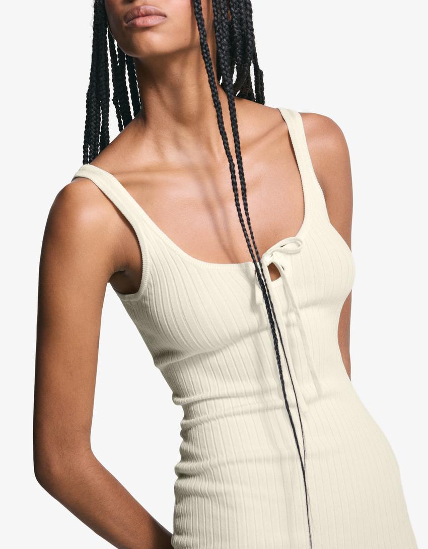 Vestido mini de alças com laço-Cru-0