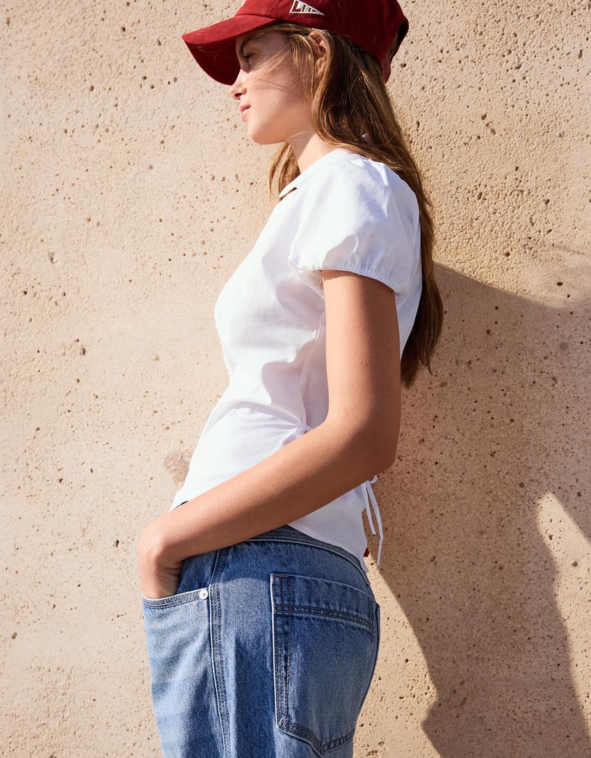 Camisa manga corta popelín lazada-Blanco