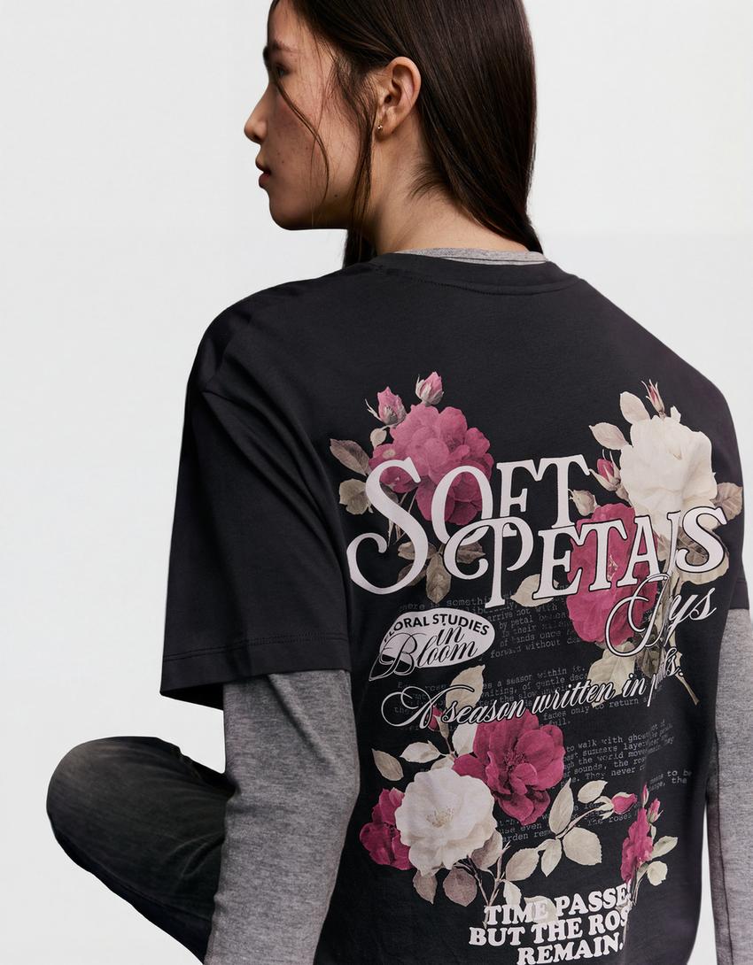 Oversize short sleeve print T-shirt-Dark grey