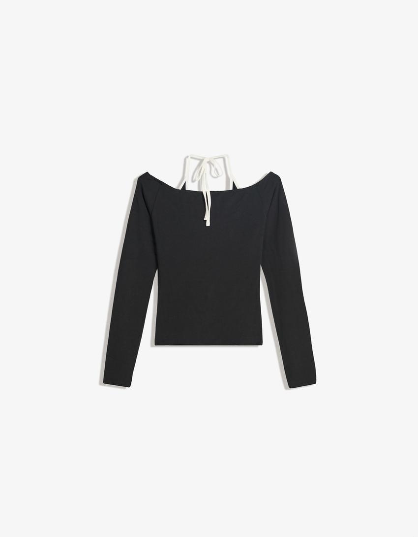 Camiseta manga larga cuello halter-Negro-1