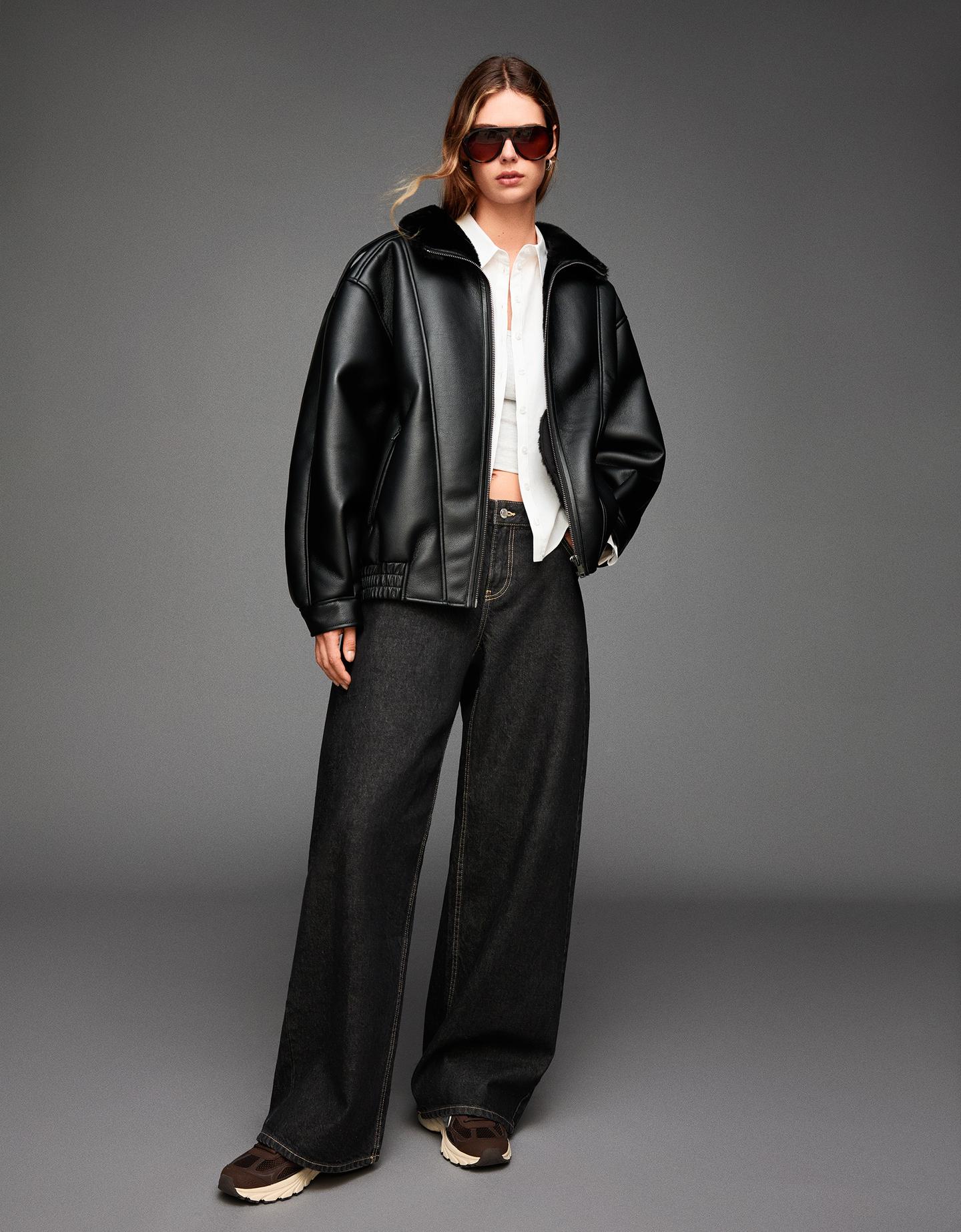 Bershka Cazadora Oversize Doble Faz Mujer Xs Negro