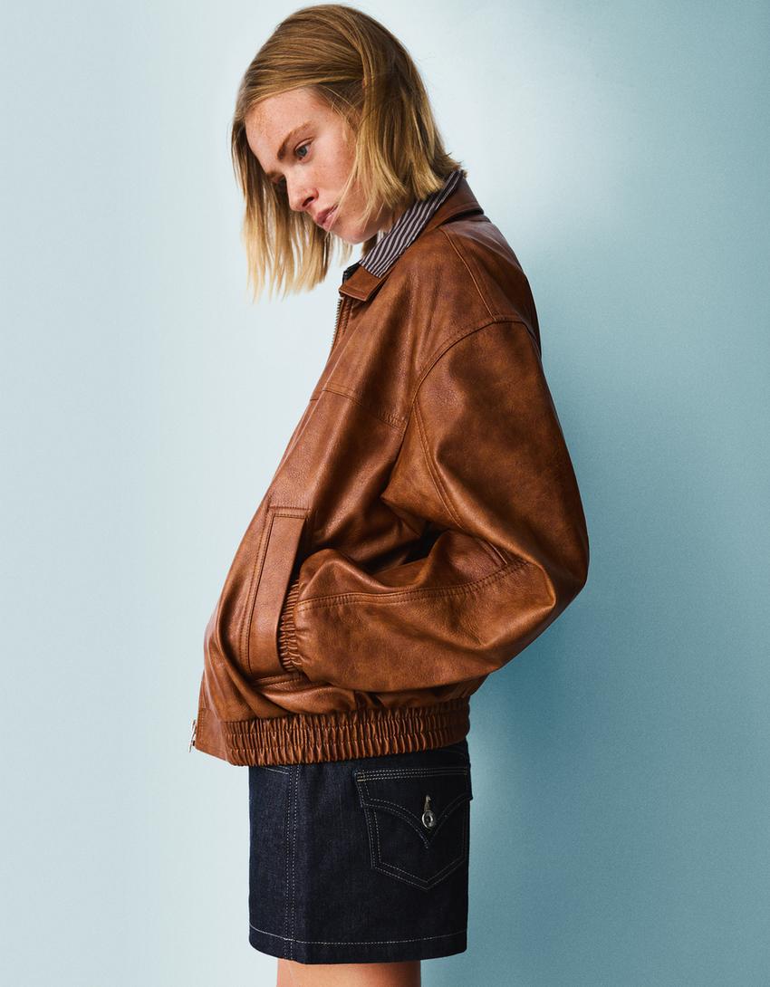 Giubbotto effetto pelle oversize-Camel-2