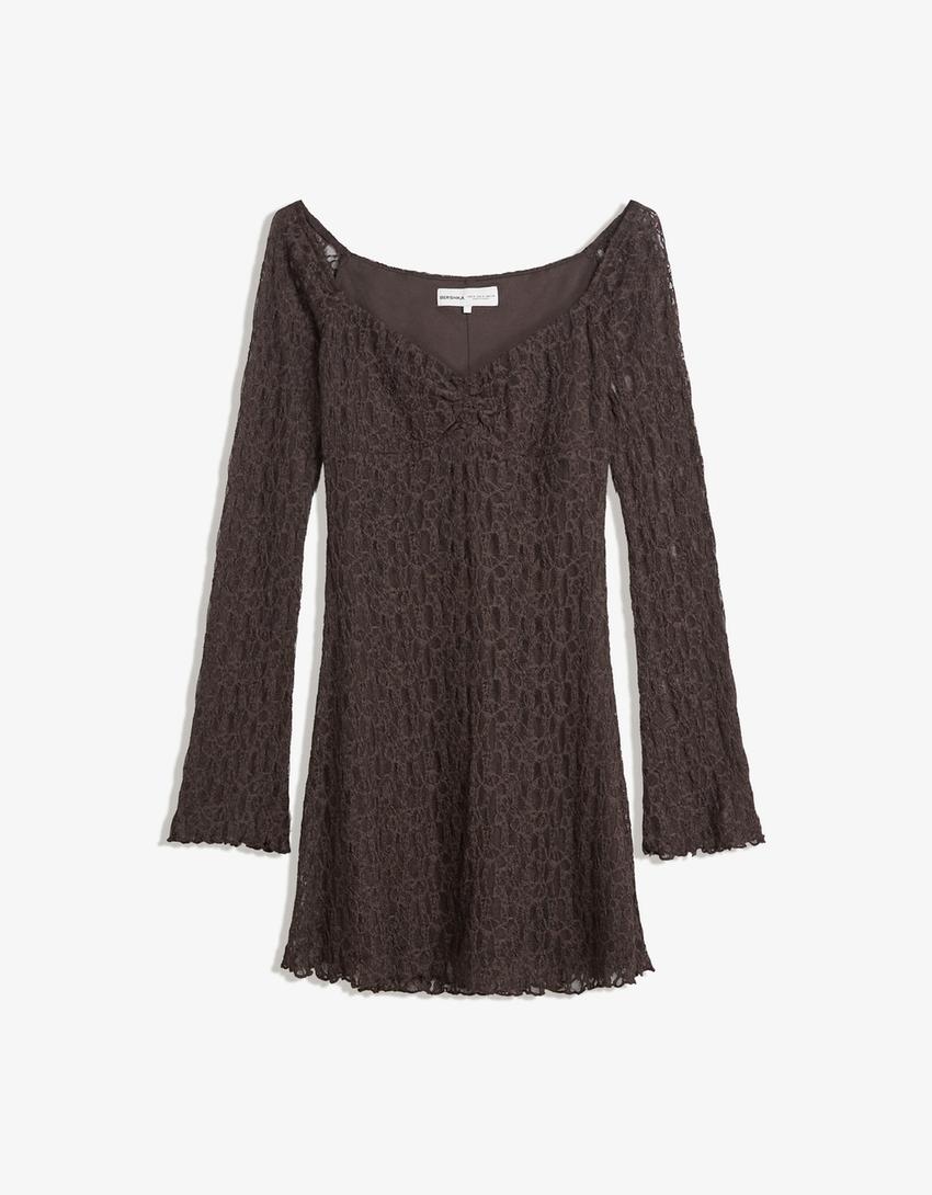Mini-jurk met blote schouders en kanten details-Bruin
