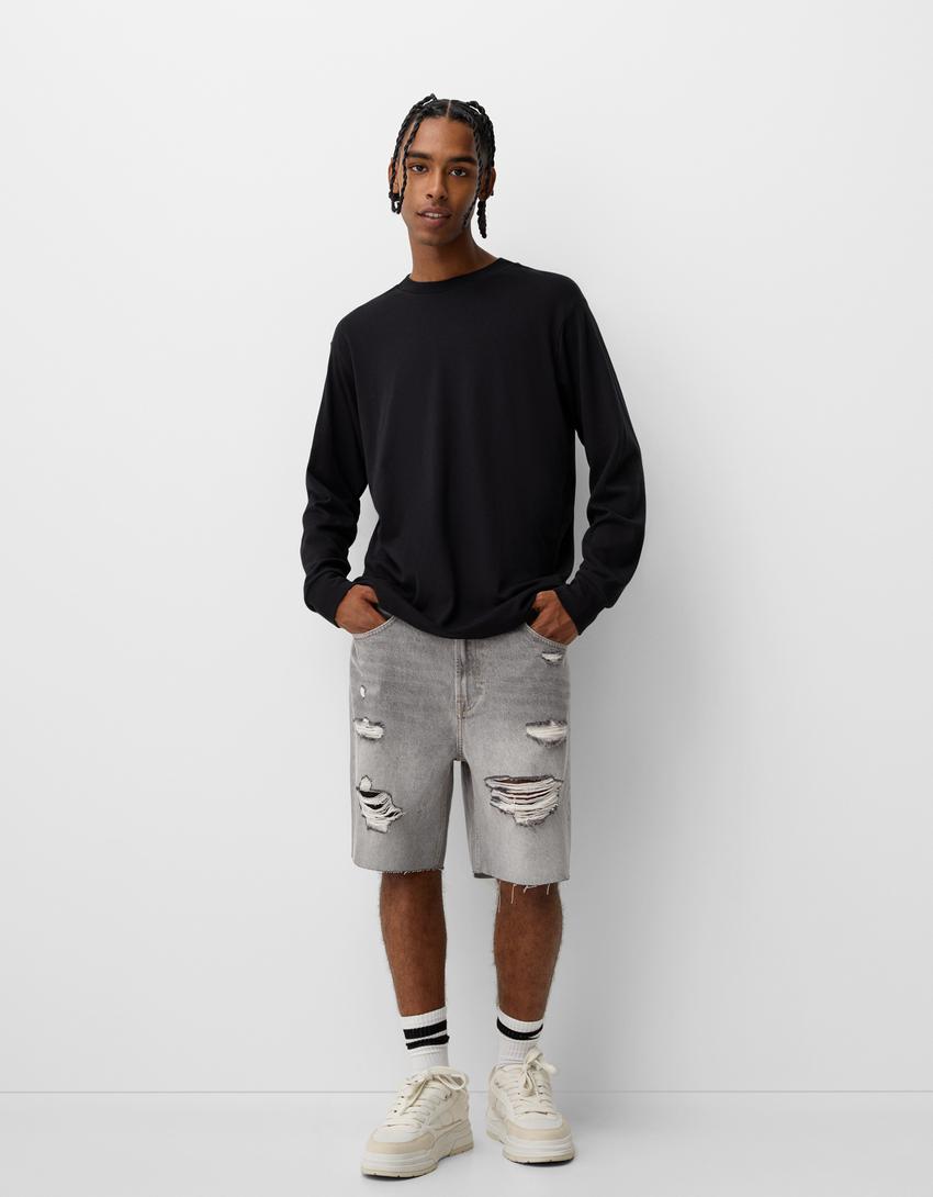 Bermuda denim slim rotos-Gris-0