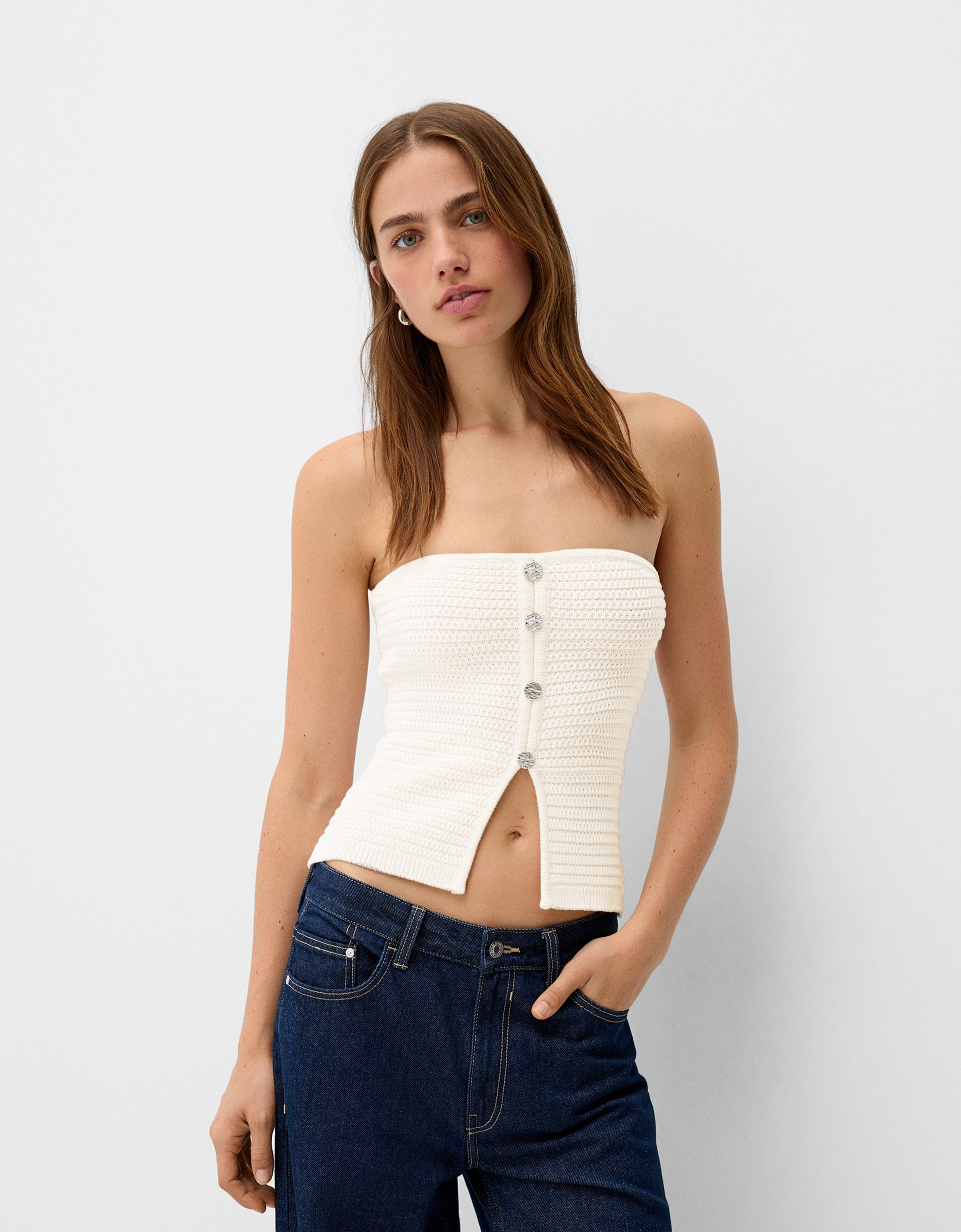 Bershka Bandeau-Top Mit Knöpfen Damen S Rohweiß