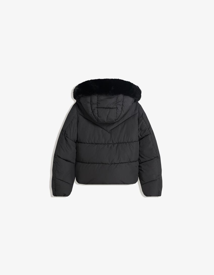 Puffer jacket with faux fur hood-Black-4
