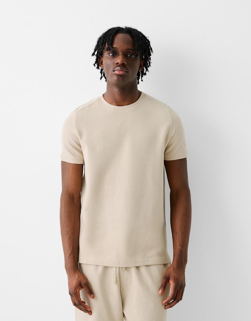 T-shirt texturé à manches courtes-Camel-0