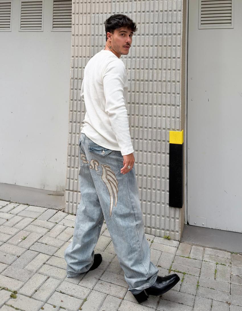 Jeans super baggy bordado-Azul lavado