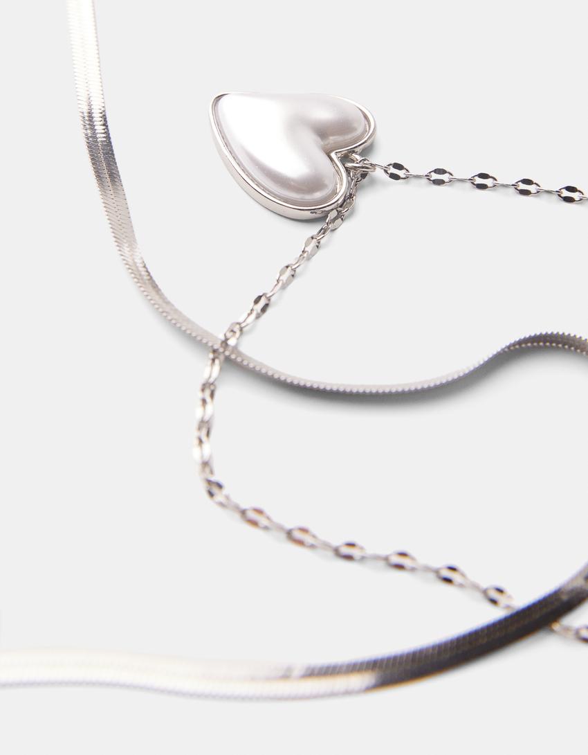 طقم من 2 عقود من اللؤلؤ الصناعي على شكل قلب وثعبان-فضي-2