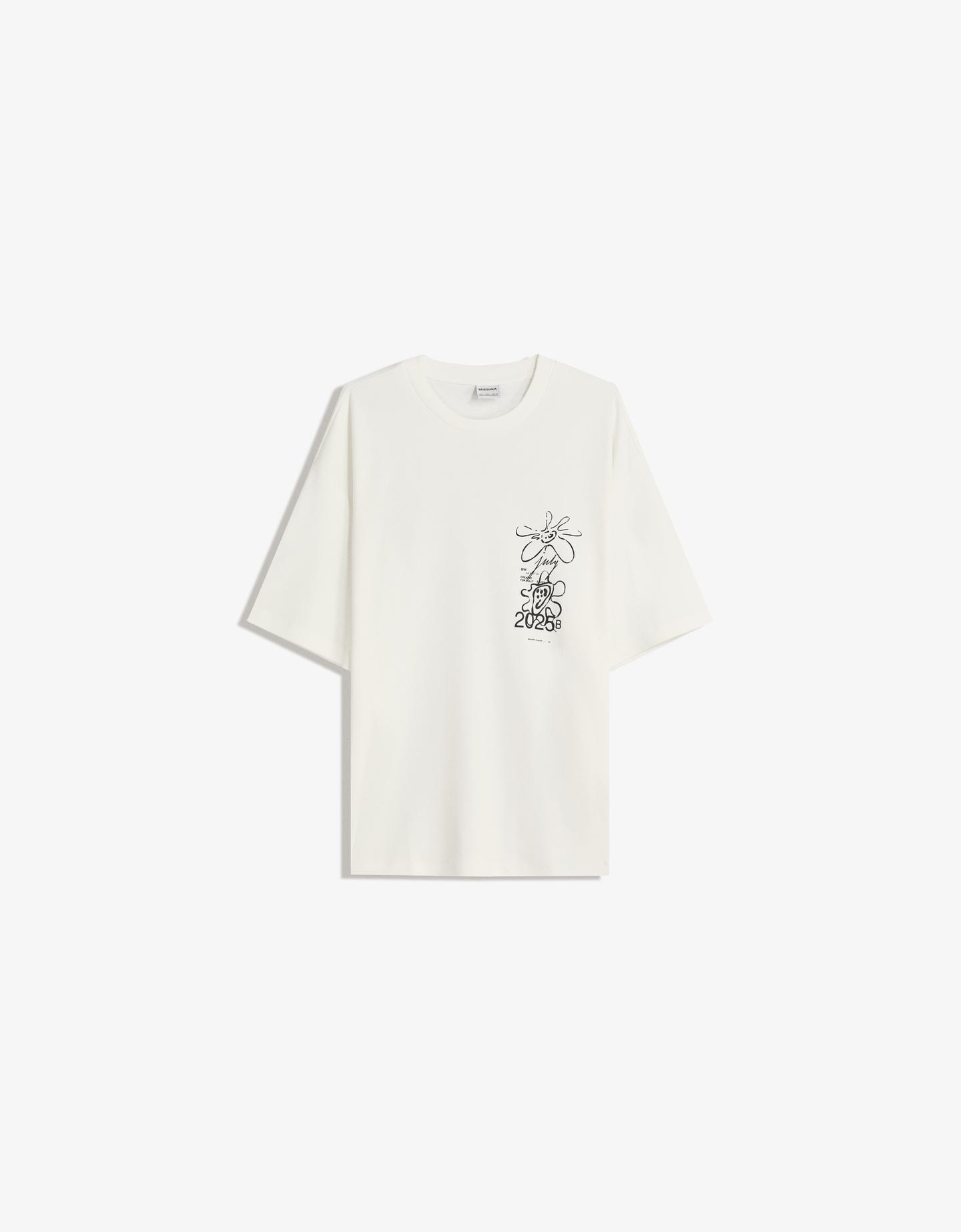 Bershka Camiseta Manga Corta Print Hombre Xl Blanco Roto