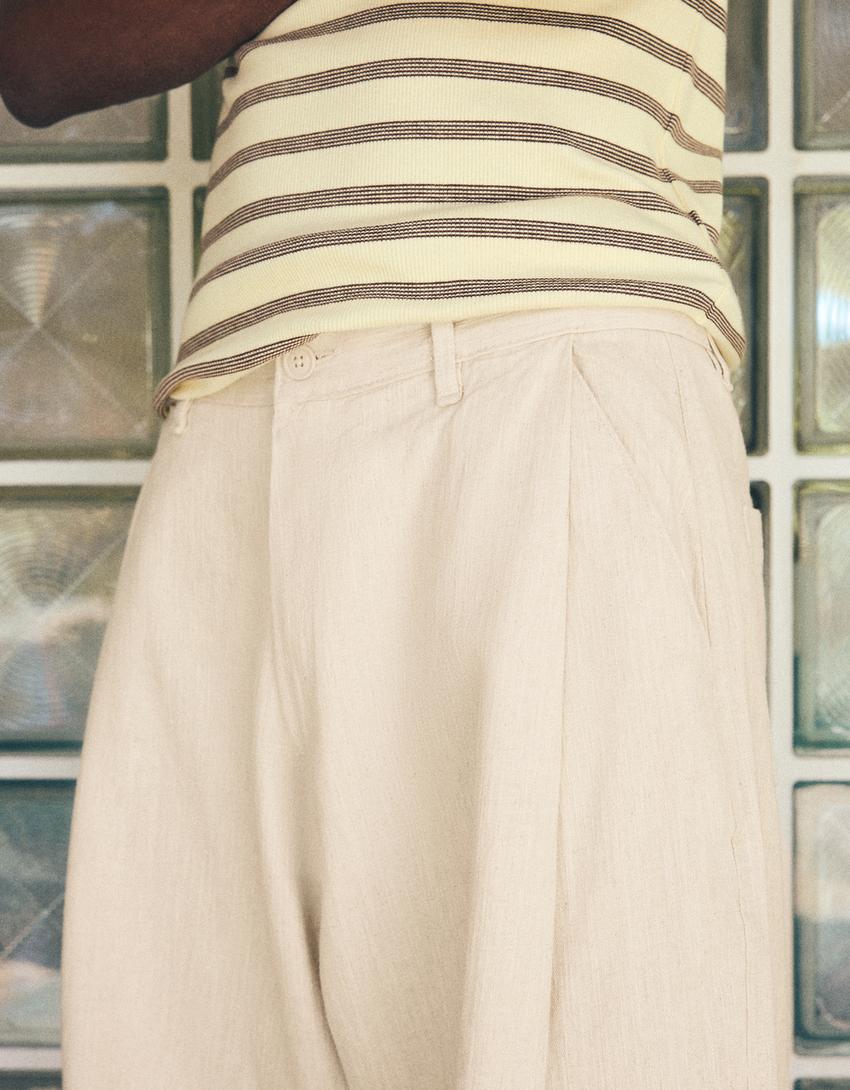 Keten karışımlı super baggy fit bermuda şort-Kum rengi