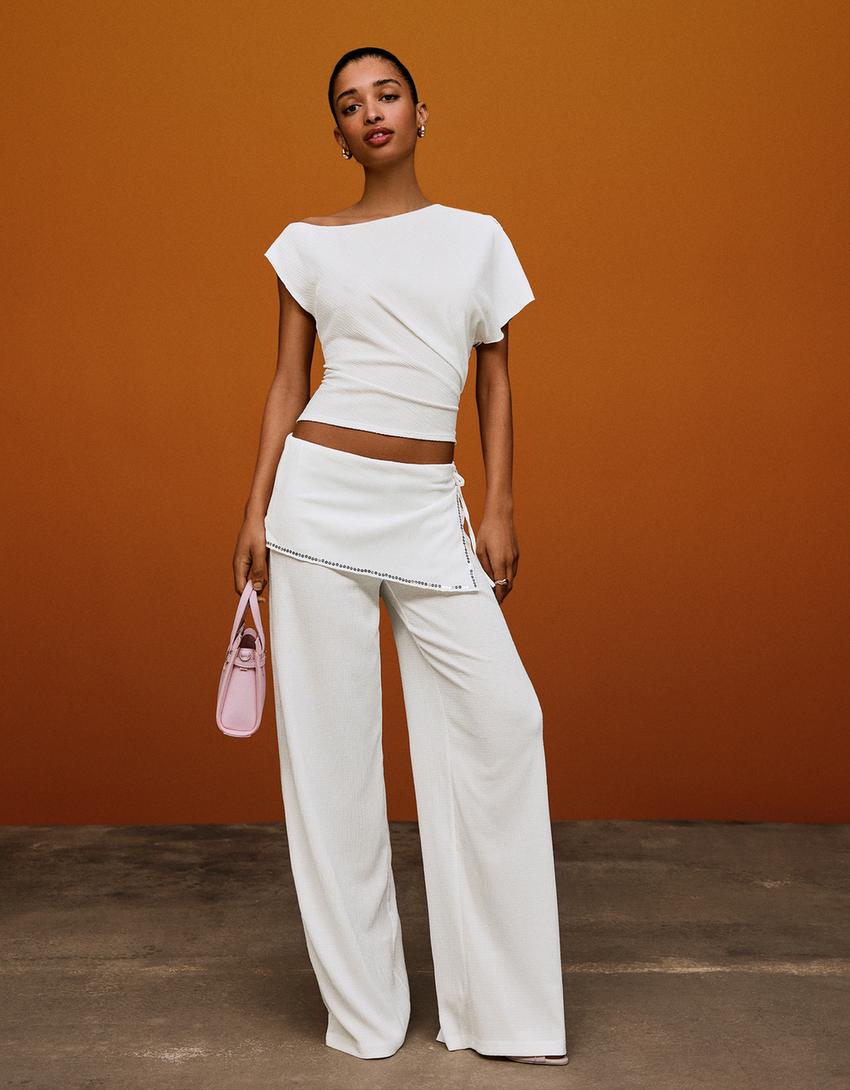 Asymmetric rustic short sleeve T-shirt-Cream