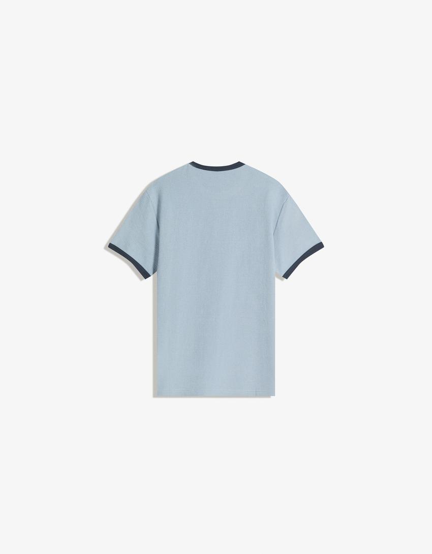 Short sleeve waffle-knit rib print T-shirt-Light blue