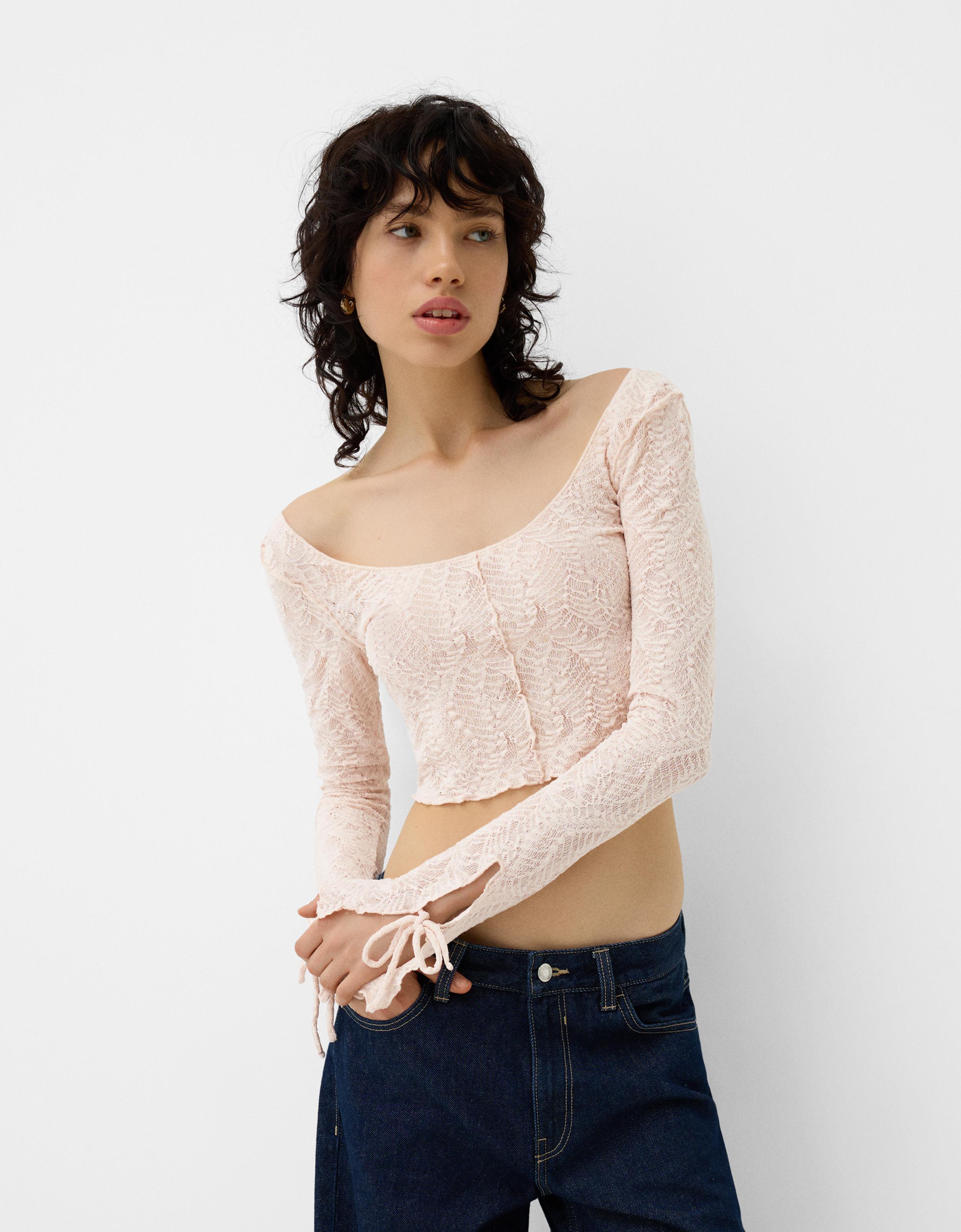 Bershka T-Shirt Mit Lace Und Schleifen Damen S Rosa