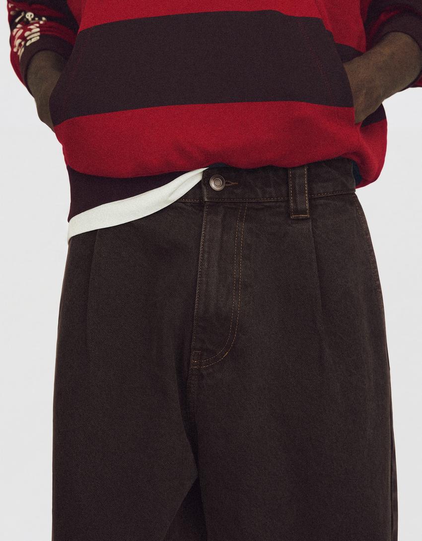 Jeans wide pinzas-Marrón