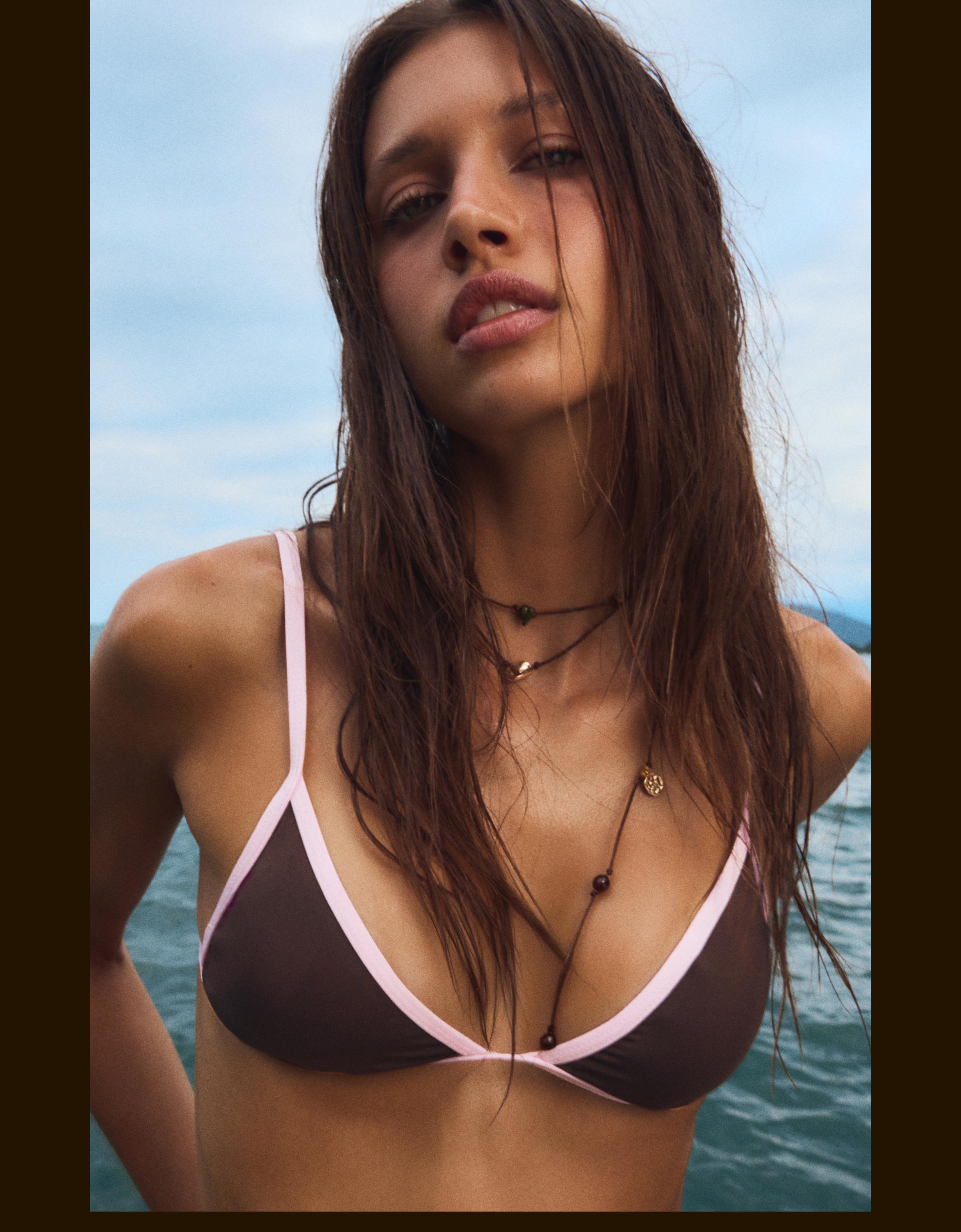 Contrast triangle bikini top — Brown