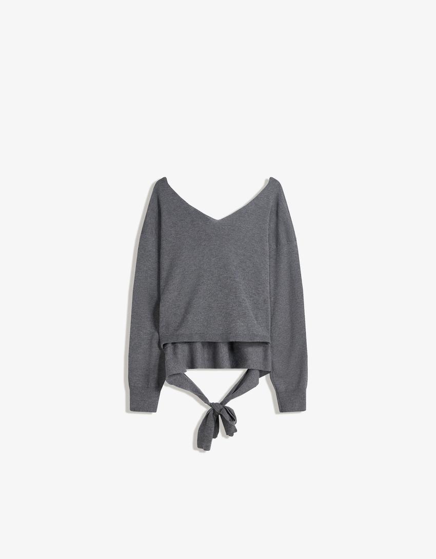 Pull col en V à nouer-Gris