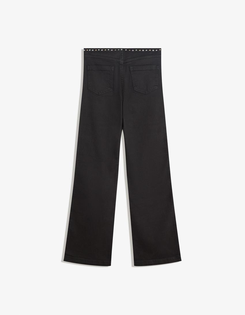 Pantaloni con borchie in vita e cerniera-Nero-5