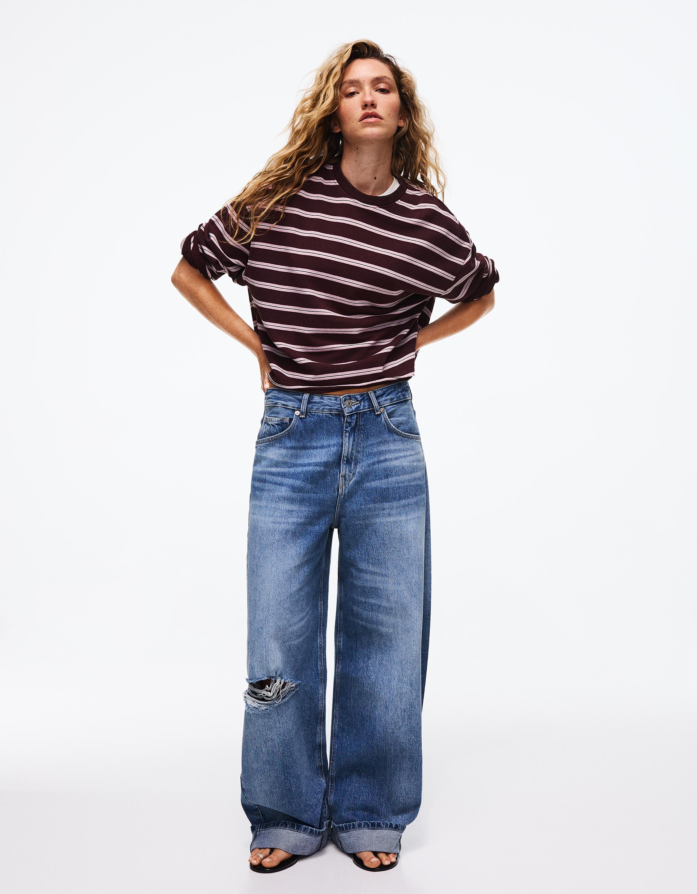 Striped round neck sweatshirt — Burgundy