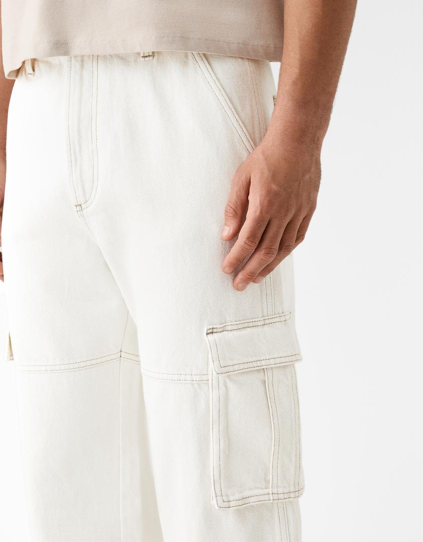 Jeans cargo baggy-Branco-5