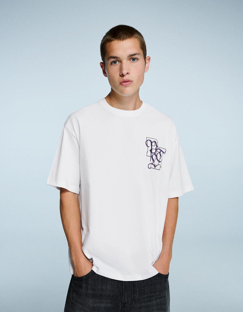 Camiseta manga curta print-Branco roto
