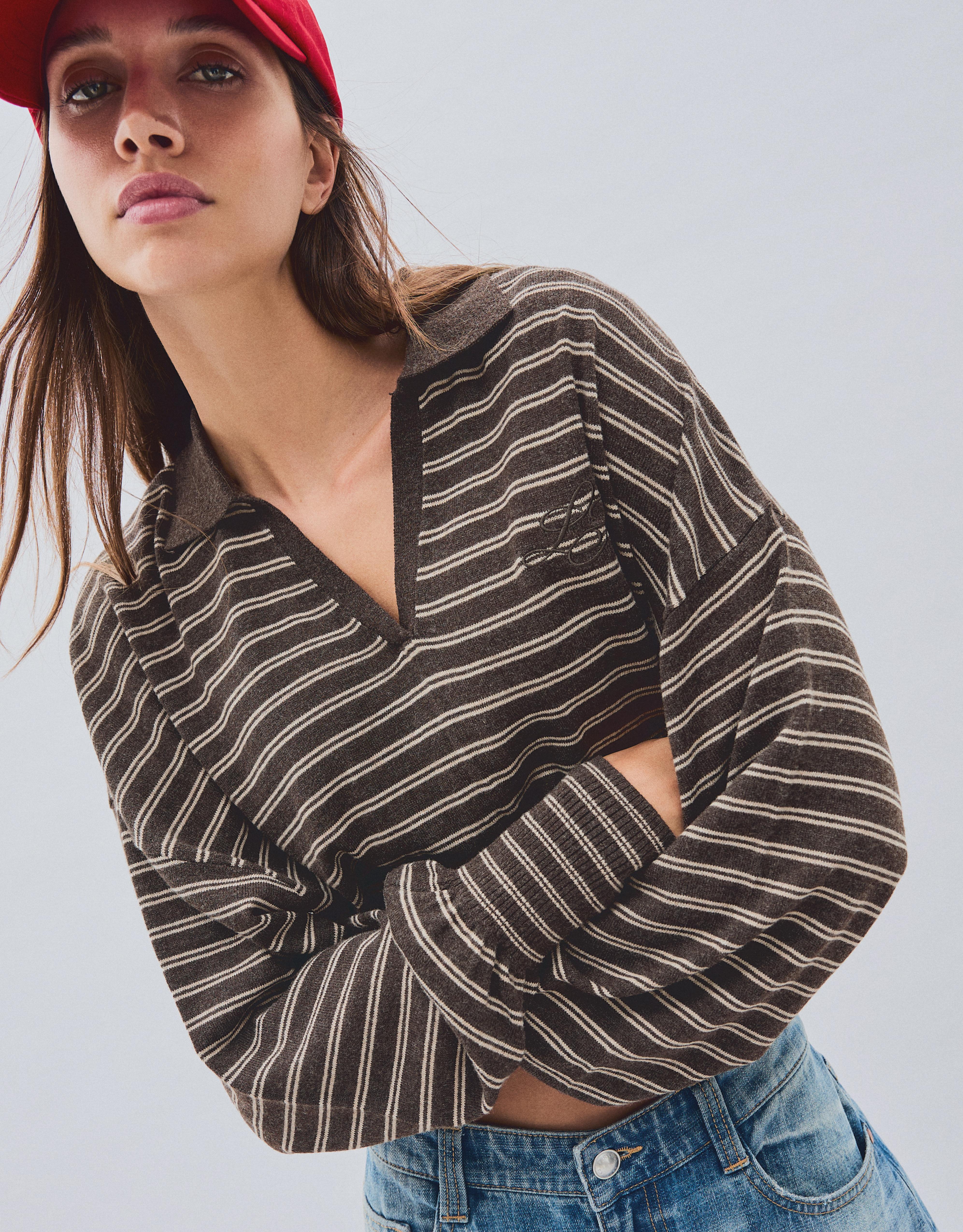 Ribbed polo collar jumper — Brown