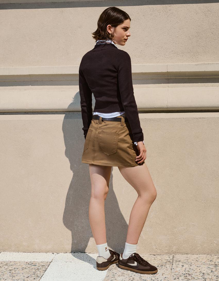 Belted mini skirt-Camel-1