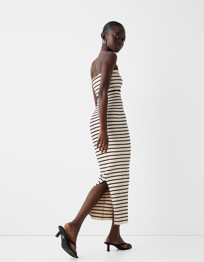 فستان شريطي مخطط متوسط الطول-كريمي-2