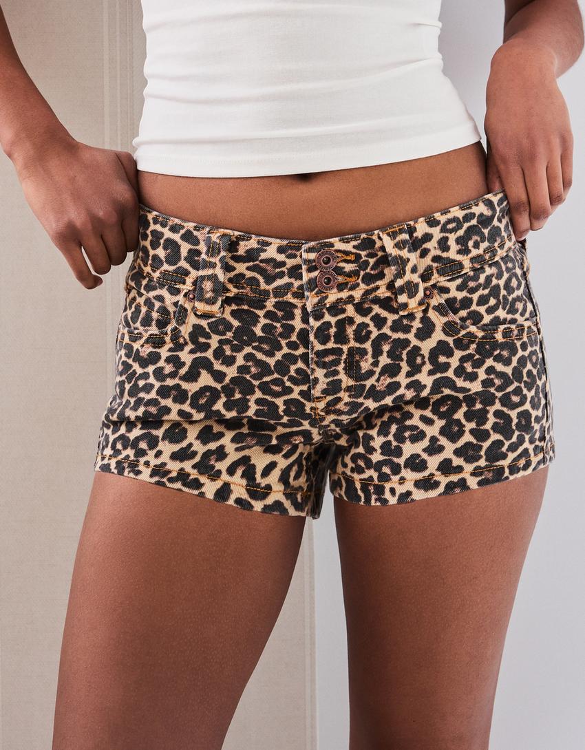 Animal print denim shorts-Brown