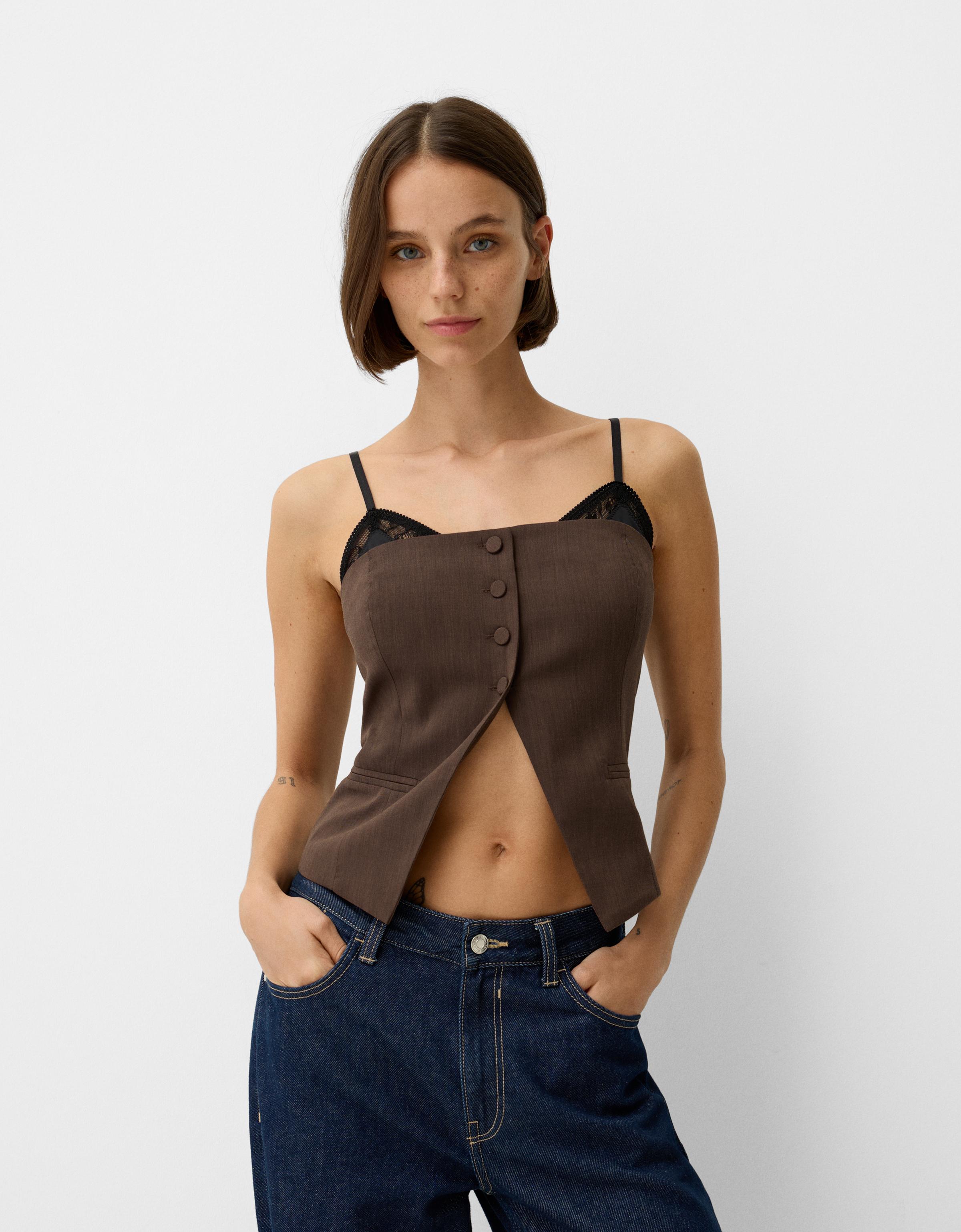 Bershka Weste Mit Spitzenkante Damen Xs Braun