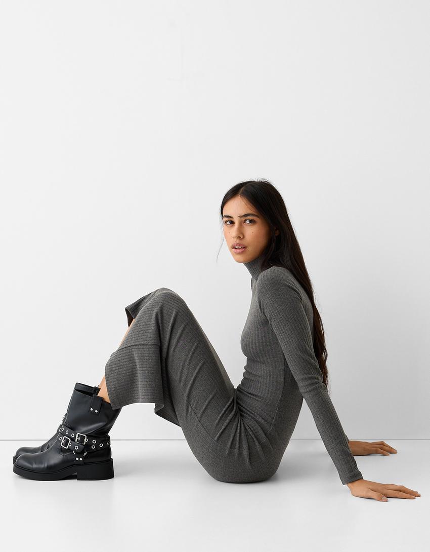 Ribbed knit high neck dress with long sleeves - Women | Bershka Ribbed knit high neck dress with long sleeves - Women | Bershka