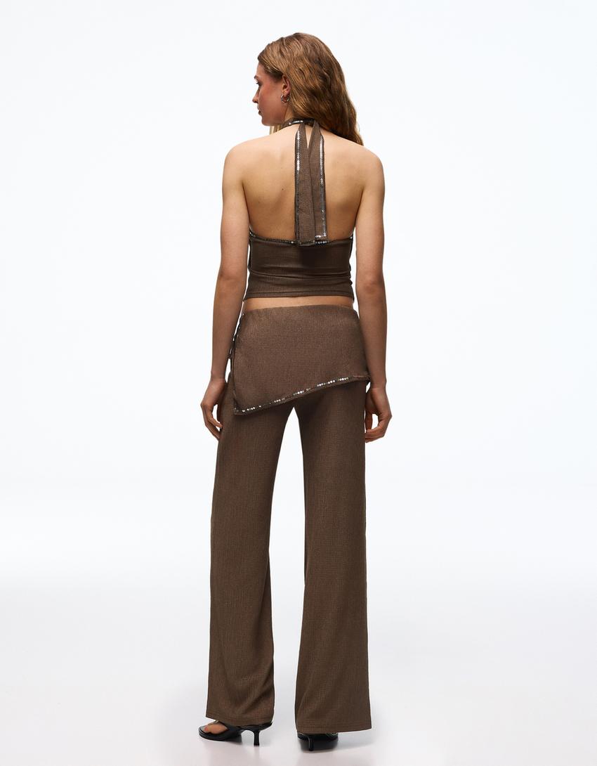 Pantalón con sobre falda lentejuelas-Marrón