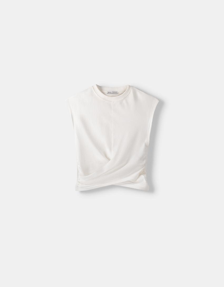 Sleeveless T-shirt with crossover front-White-4